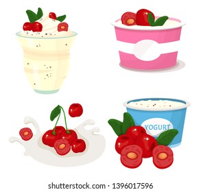 set of cherry yogurts vector illustration