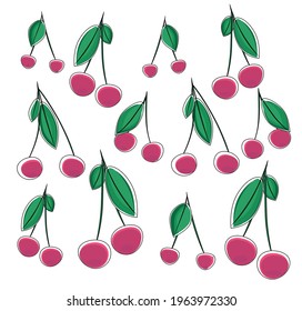 Set mit Kirschen,Beeren,Blättern.Einzeln auf weißem Hintergrund.Grafische, handgezeichnet flach.Vektorgrafik zum Verpacken, Menü-Karte, Druck, Stoffdruck.
