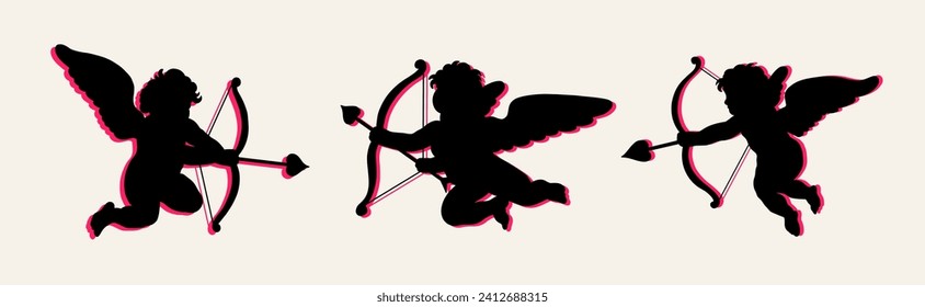 Set of cherub silhouette neon effect Valentines day. Cute cupid angels with wings, arrows and bows isolated on white background. Vector illustration