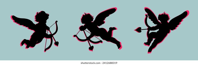 Set of cherub silhouette neon effect Valentines day. Cute cupid angels with wings, arrows and bows isolated on white background. Vector illustration