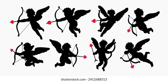 Set of cherub silhouette Valentines day. Cute cupid angels with wings, arrows and bows isolated on white background. Vector illustration