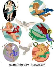 Set of cherubs and angels in the Renaissance style. Sinless children in heaven. Vector illustration isolated on a white background. Pigeons, freedom and clouds.