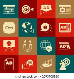 Set Chess, Advertising, Earth globe with mail, Key, Browser setting and Customer product rating icon. Vector