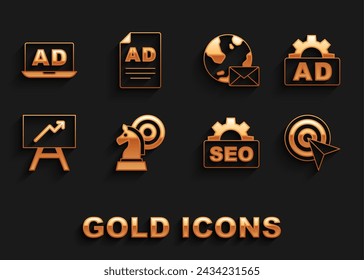 Set Chess, Advertising, Target, SEO optimization, Board with graph chart, Earth globe mail,  and  icon. Vector