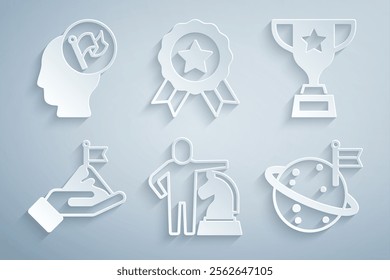 Set Chess, Award cup, Mountains with flag, Moon, Medal and Hand holding icon. Vector