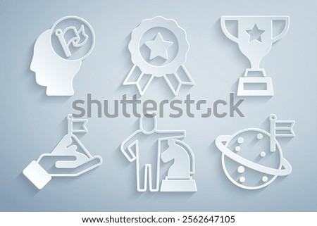 Set Chess, Award cup, Mountains with flag, Moon, Medal and Hand holding icon. Vector