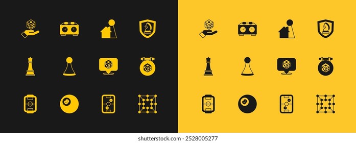 Set Chess, Billiard pool snooker ball, Game dice, Air hockey table, Chip for board game,  and Time chess clock icon. Vector