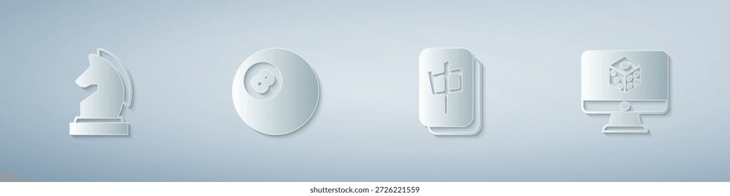 Set Ajedrez, billar, billar, billar, piezas de Mahjong y dados de juego. Estilo de arte de papel. Vector