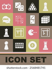 Set Chess, Bingo, Rubik cube, Billiard balls triangle, Tic tac toe game, Uno card, Time chess clock and Domino icon. Vector