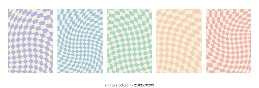 A set of chess board backgrounds in pale pastel colors. Clockwork chessboard pattern in hippie style. Retro-psychedelic design of the 60-70s. A collection of vector wallpapers in a cage.