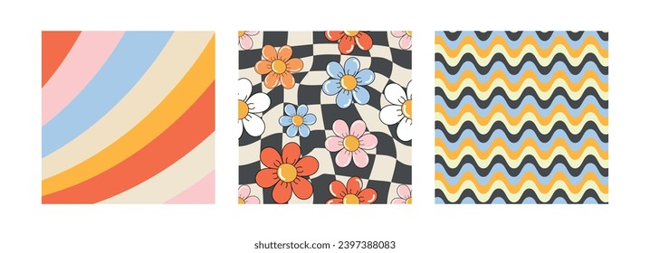 Set of chess board backgrounds. Psychedelic design in 60-70s. White background. Groovy. Trippy Colored. Seamless Pattern in hippie design. Y2k style. Rainbow scrolling. Curls, swirl.