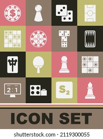 Set Chess, Board Game Of Checkers, Backgammon Board, Game Dice, Casino Roulette Wheel, Chip With Dollar And Domino Icon. Vector