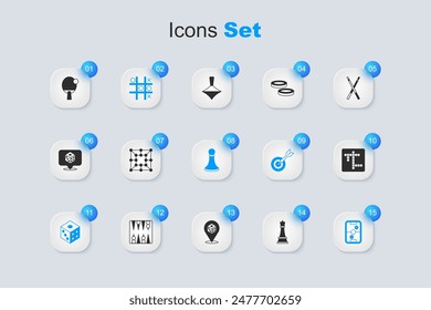 Set Chess, Board game, Tic tac toe, Game dice, Air hockey table, Crossword, Racket and pawn icon. Vector