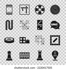 Set Chess, Board game, Uno card, Casino chip, Tic tac toe, Backgammon board and Domino icon. Vector