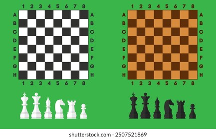 Set of chess boards with black and white pieces