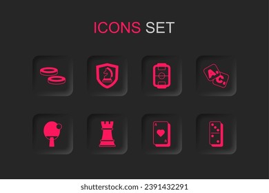 Set Chess, Checker game chips, Playing cards, Bingo, Domino, Table football and Racket icon. Vector