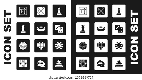 Set Chess, Checker game chips, Bingo, Game dice, Rubik cube, Twister and  icon. Vector