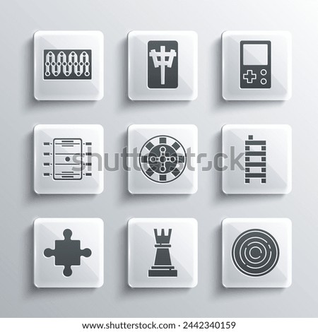 Set Chess, Checker game chips, Mahjong pieces, Casino roulette wheel, Puzzle toy, Hockey table, Board and Tetris icon. Vector