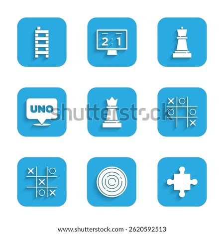 Set Chess, Checker game chips, Puzzle pieces toy, Tic tac toe, Uno card,  and Mahjong icon. Vector