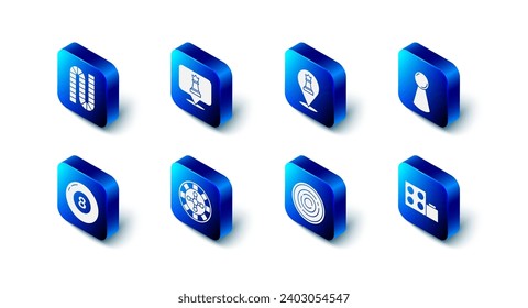 Juego de ajedrez, Chip para juego de mesa, ladrillos de bloques de construcción de juguetes, chips de cheques, rueda de ruleta de casino, bola de billar de billar e icono de la tabla. Vector