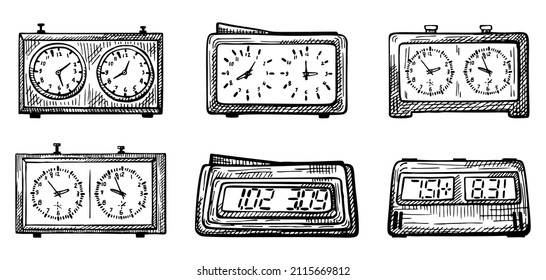 Set Chess clock sketch isolated. Classic and electric watches for chess game in hand drawn style. Engraved design for poster, print, book illustration, logo, icon, tattoo. Vintage vector illustration.