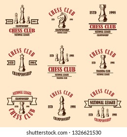Set of chess club emblems. Design element for poster, logo, label, sign. Vector illustration