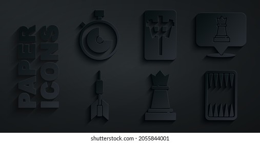 Set Chess, Dart arrow, Backgammon board, Mahjong pieces and Stopwatch icon. Vector