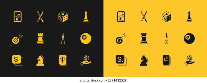 Set Chess, Dart arrow, Mahjong pieces, Game dice, Air hockey table and Crossed billiard cues icon. Vector