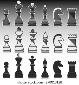 Set of Chess Figures, black, grey and white. Vector Illustration. Chess set. Chess image. Chess illustration.