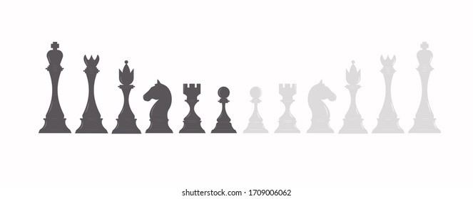 Set of Chess figures in black and white color. Collection of chess pieces: king, queen, rook, bishop, pawn, knight. Flat vector illustration on isolated white background. 