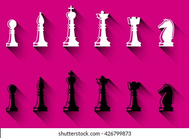 Set of chess figures. Black and white chess figures. Flat style chess pieces isolated. Vector illustration.