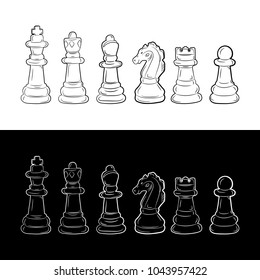 Set of chess figures in flat design. Vector illustration. White and black chess pieces, isolated