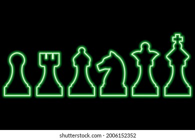 Set of chess figures on black background. Simple neon green outline. Vector illustration