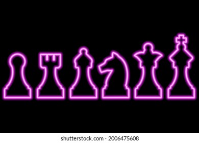 Set of chess figures on black background. Simple neon pink outline. Vector illustration