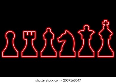 Set of chess figures on black background. Simple neon red outline. Vector illustration