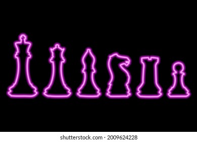 Set of chess figures on black background. Simple neon pink outline. Vector illustration