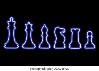 Set of chess figures on black background. Simple neon blue outline. Vector illustration