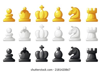 Set of chess figures for chess strategy board game. Black, white and gold set chess figures