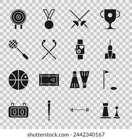 Set Chess, Golf flag, Dart arrow, Fencing, Ice hockey sticks, Tennis racket, Target sport and Smart watch showing heart beat rate icon. Vector