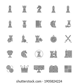 Set Of Chess Gray Icon. Board Game, King, Queen, Bishop, Pawn, Rook, Knight And More.