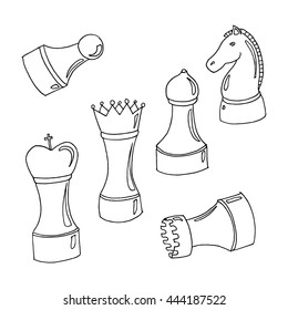 Set of chess. Hand drawn vector stock illustration. Black and white whiteboard drawing.