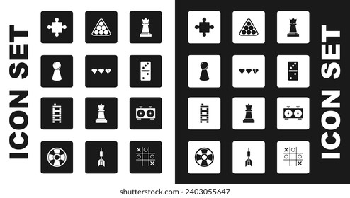 Set Chess, Hearts for game, Chip board, Puzzle pieces toy, Domino, Billiard balls triangle, Time chess clock and Mahjong icon. Vector