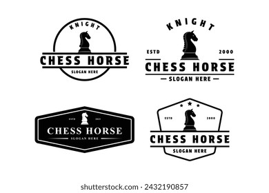 set of chess horse knight piece logo design vintage retro label and badge