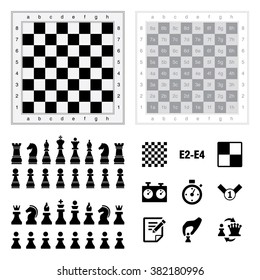 Set of Chess icons and board. Editable Vector Illustration sort by layers. Pawn, Rook, Knight, Bishop, King, Queen and popular checker chess icons.