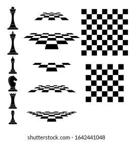 Set chess icons and chessboard. King, queen and rook, bishops, knights and pawn. Strategy board game. Flat cartoon objects isolated on white background.