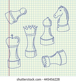 Set of chess. International Chess day. Hand drawn vector stock illustration. Sheet ball pen drawing.