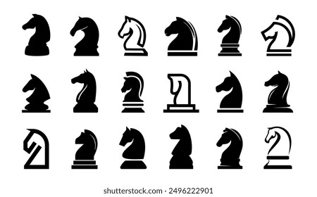 Set of Chess knight horse piece icon logo vector silhouette black head