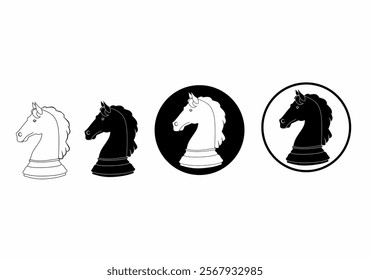 Set of chess knight icons in black and white variations, including outline, solid, and circular badge styles. Clean vector design suitable for logos or graphics.