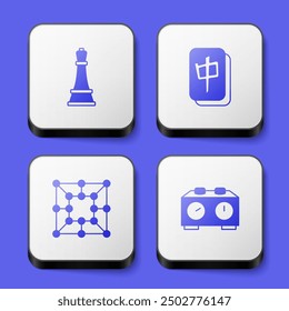 Set Chess, Mahjong pieces, Board game and Time chess clock icon. White square button. Vector