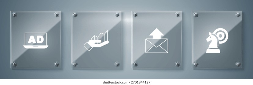 Establece Ajedrez, Correo y correo electrónico, Infografía de gráfico circular y Publicidad. Paneles de vidrio cuadrados. Vector